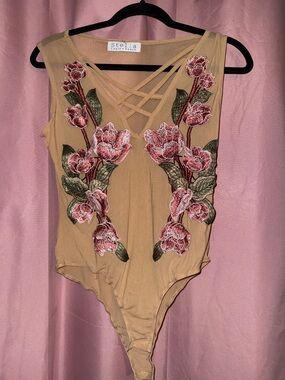 Stella Laguna Beach Tan Bodysuit with Pink Floral Appliqué